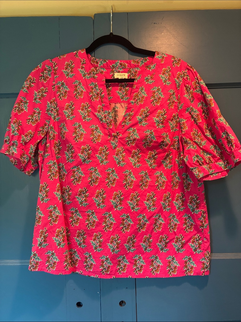J. Crew Hot Pink Floral V-Notch Short Sleeve Blouse